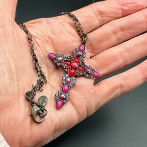 Retired Sorrelli Cross Necklace Statement Red Pink Rhinestone Cabochon ESQUISITE